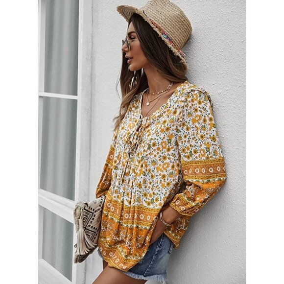 Orange & White Boho Floral Printed Tie V-Neck Loose Flowy Long Sleeve Top Blouse - Picture 3 of 6